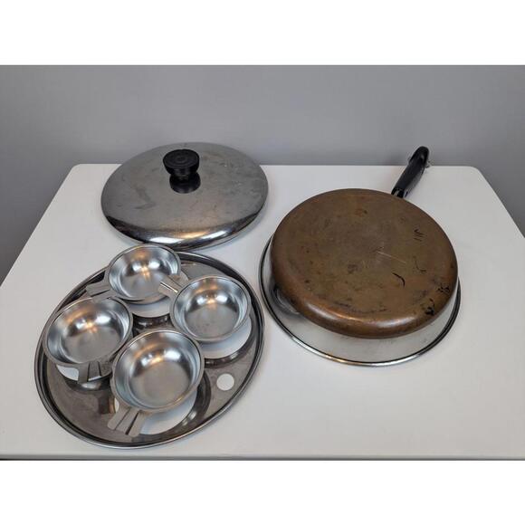 Revere Ware 8" Skillet Steel Copper Frying Pan Poacher Lid Pre 1968 Mint - Picture 4 of 9